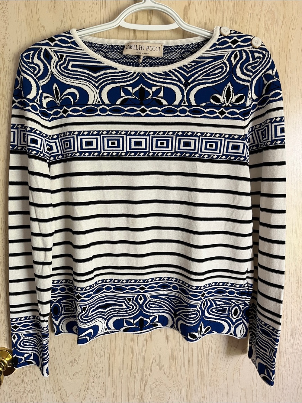 EMILIO PUCCI Striped Geometric Lightweight Sweater Button Shoulder Sz L